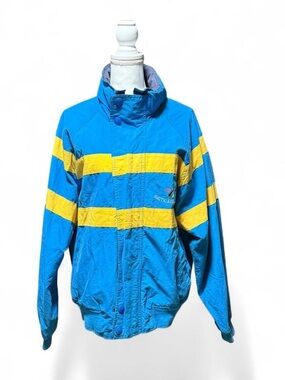Vintage Nautica J-Class Sailing Jacket Hooded Blue Yellow L 90s Windbreaker